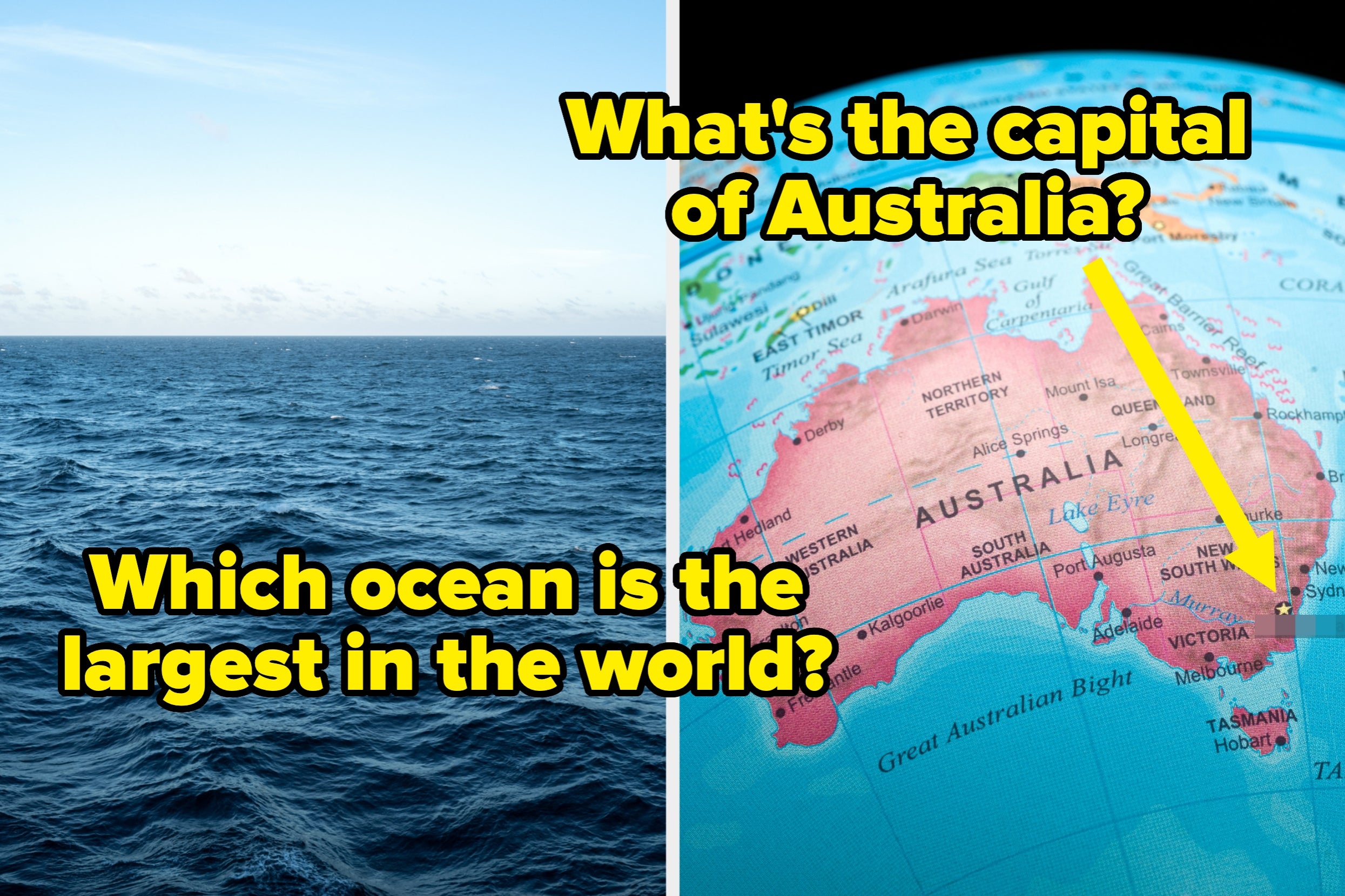 Quiz image asking "What's the capital of Australia?" with a map, and "Which ocean is the largest in the world?" with the ocean photo