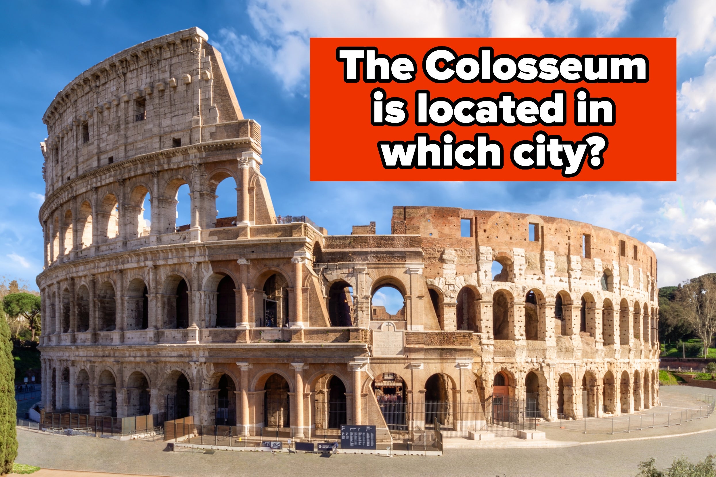 The image shows the Colosseum with text asking, "The Colosseum is located in which city?"