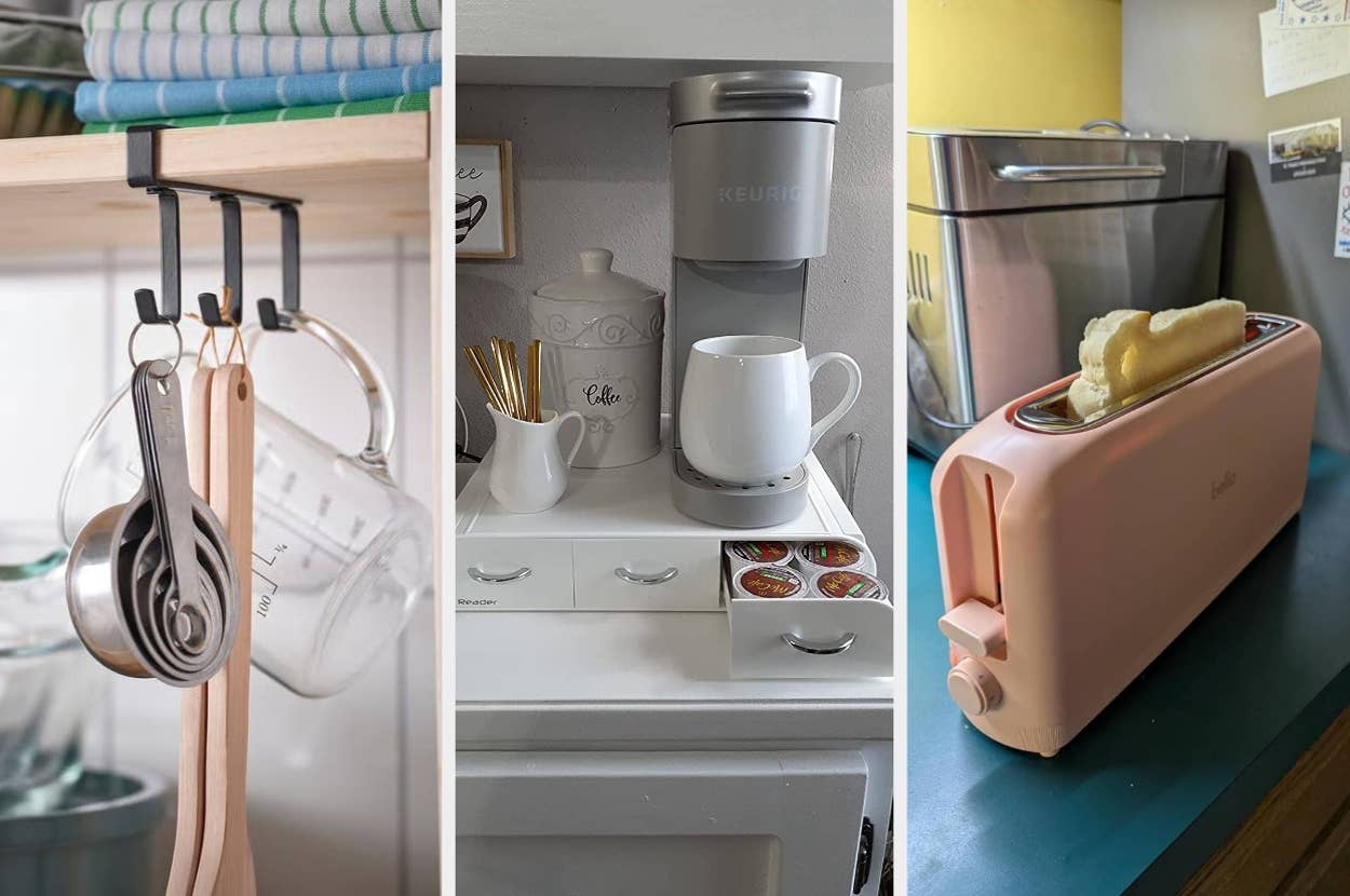 Three kitchen gadgets: measuring spoons on a hook, a coffee station with a Keurig, and a pink toaster with bread