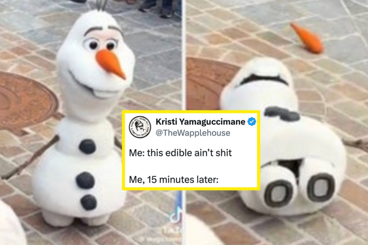 Image shows two frames of a snowman costume collapsing. Overlay text jokes about the effects of an edible over 15 minutes