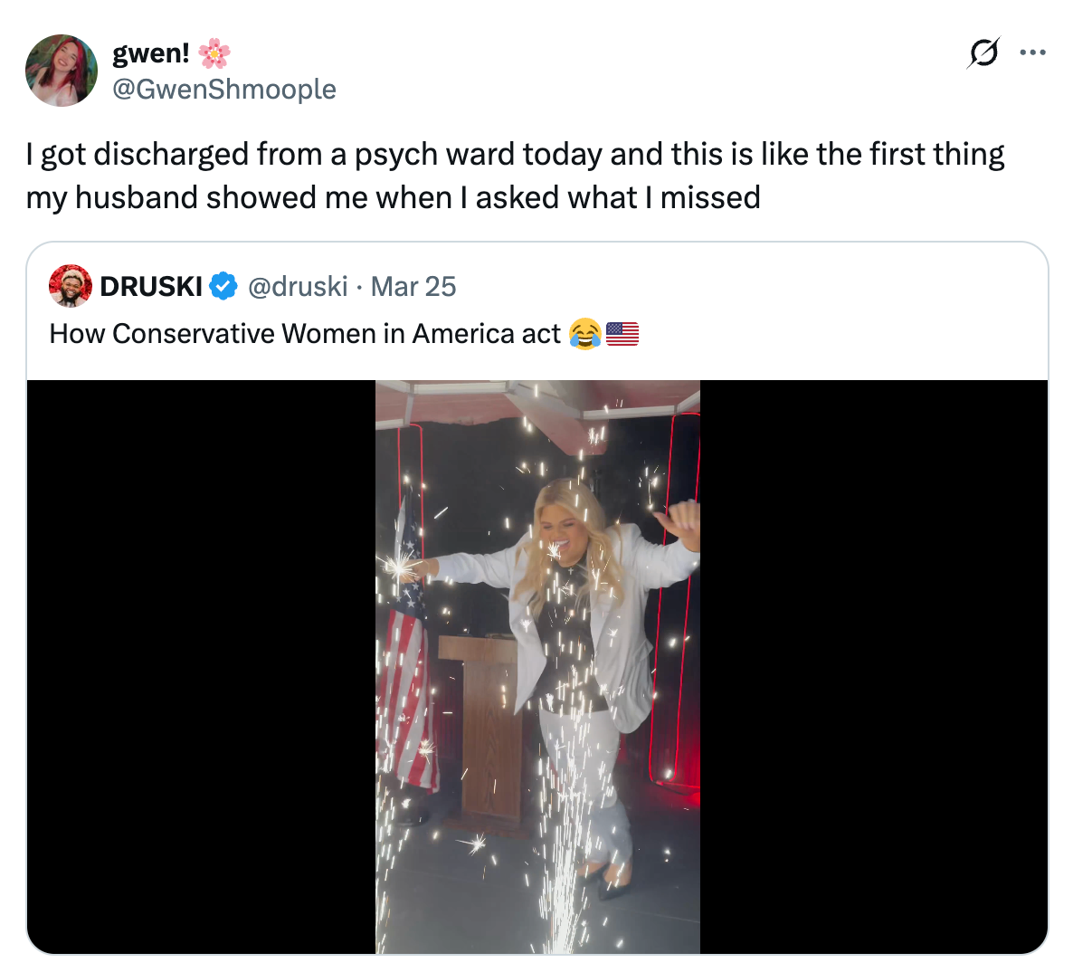 Tweet with a video still of a person in a silver suit dancing through sparklers. Caption mentions discharge from a psych ward and a humorous video