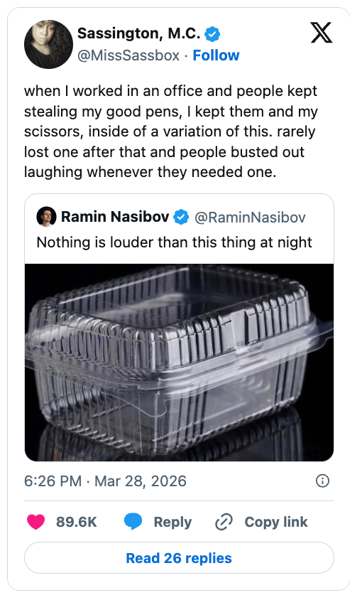 Tweet by Sassington about office experiences and humor, linking to a tweet by Ramin Nasibov showing a noisy plastic container, with engagement stats