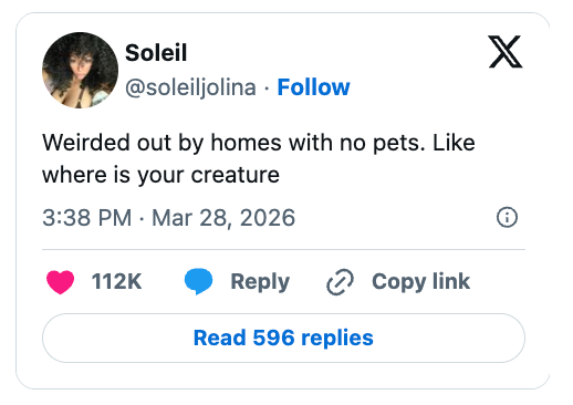 Tweet by user @soleiljolina: "Weirded out by homes with no pets. Like where is your creature?"