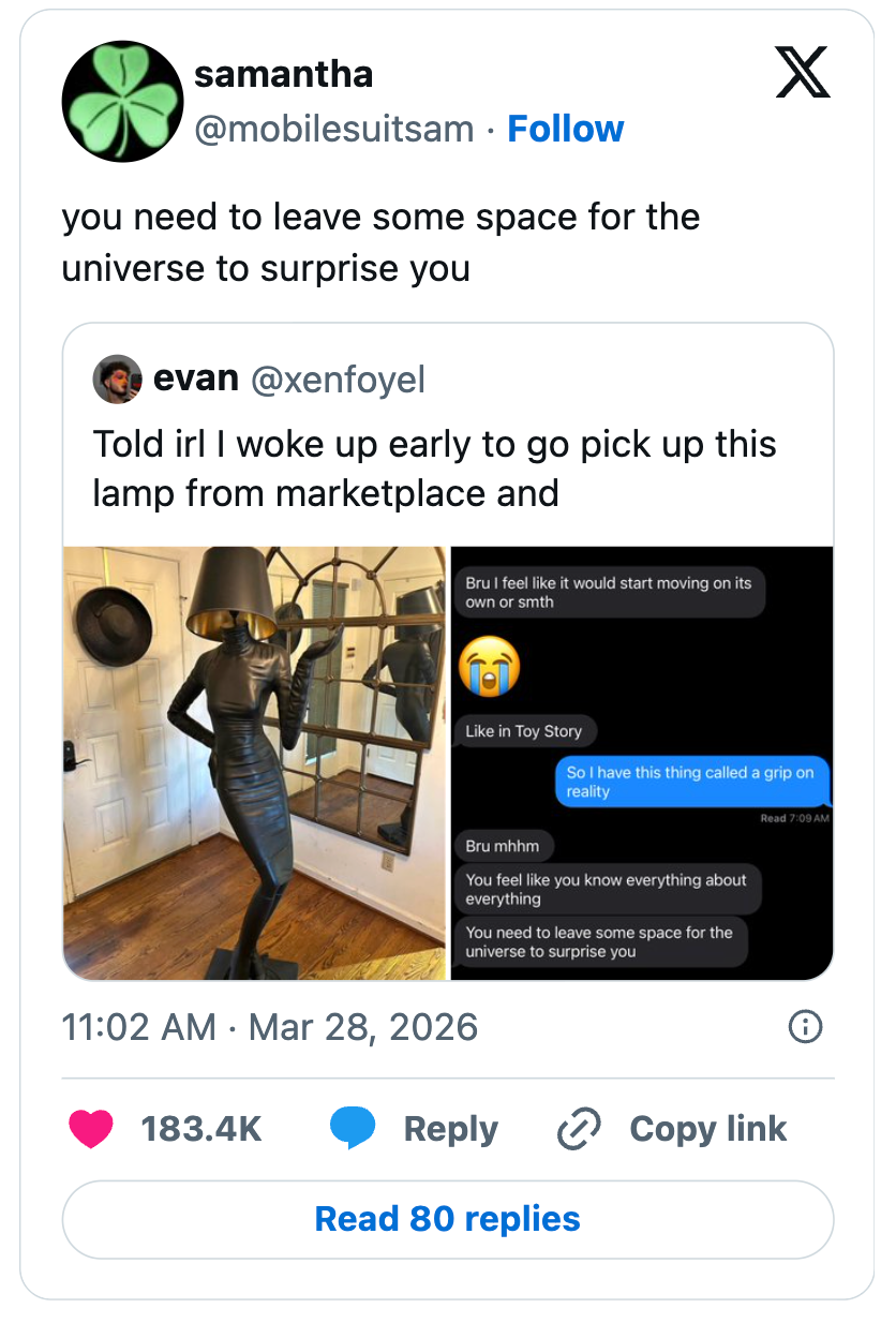 Screenshot of a social media post. The top caption humorously suggests making room for surprises. Below, a text exchange and image show a mannequin lamp