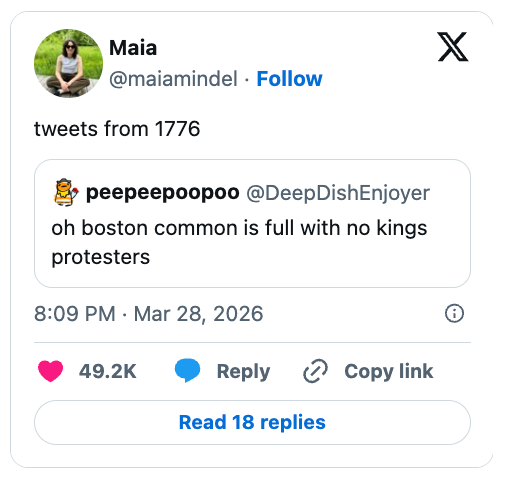 Tweet humorously suggesting a person tweeted in 1776 about protests on Boston Common against kings, with likes and replies shown