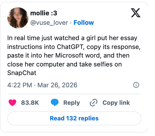 A social media post humorously describes someone using AI to help with an essay, then taking selfies, with high engagement shown by likes and replies