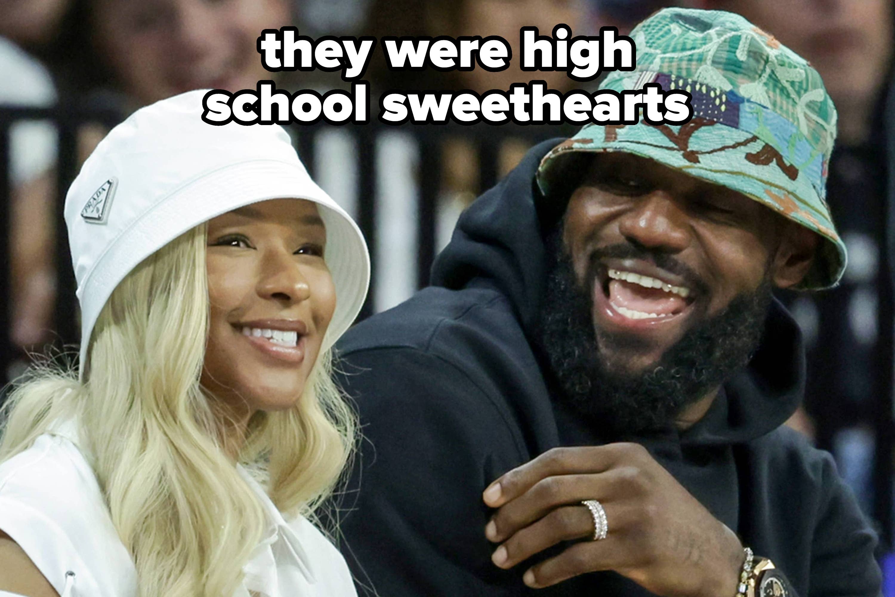 Image of Savannah and LeBron James wearing bucket hats at an event, text overlay: they were high school sweethearts