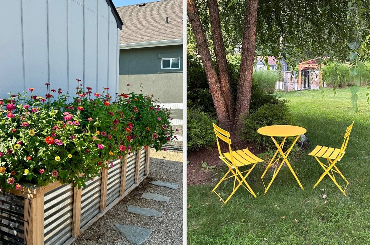 Left: Raised garden bed with blooming flowers. Right: Yellow bistro table and chairs set under a tree in a grassy area