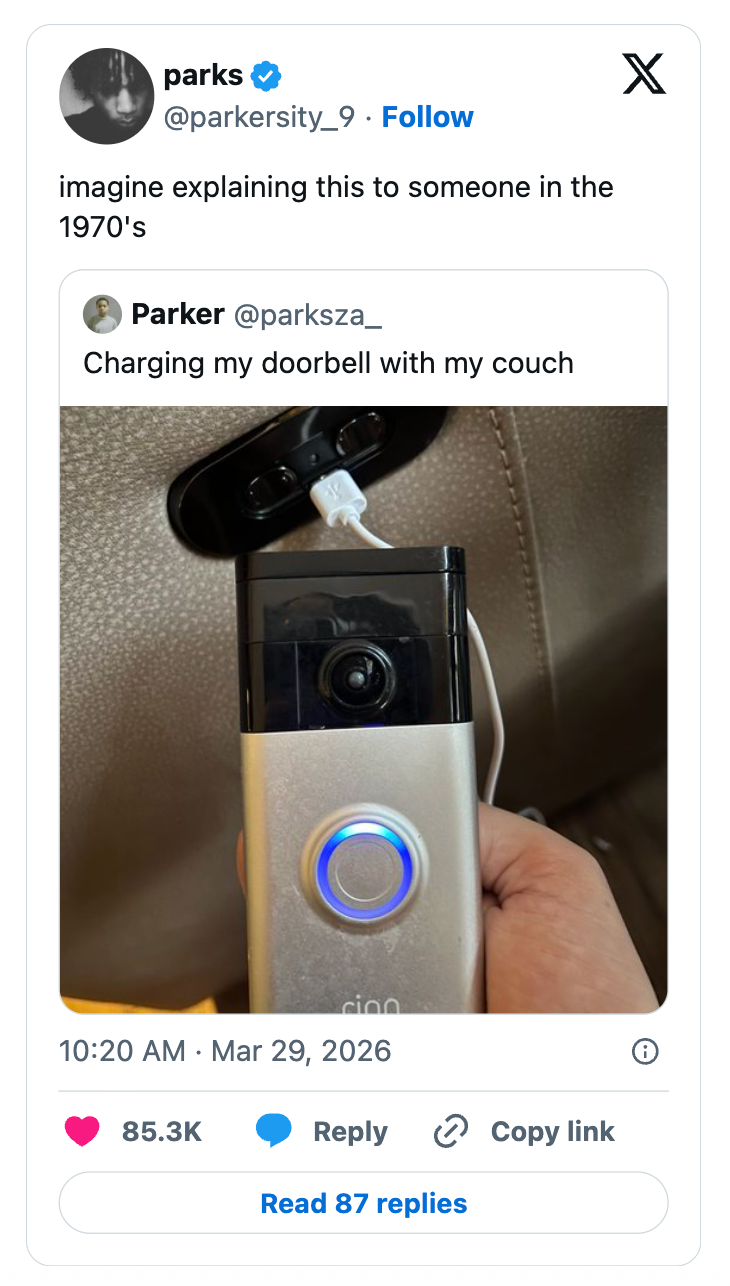 Tweet with a screenshot joking about charging a doorbell using a couch, captioned with imagining this in the 1970s