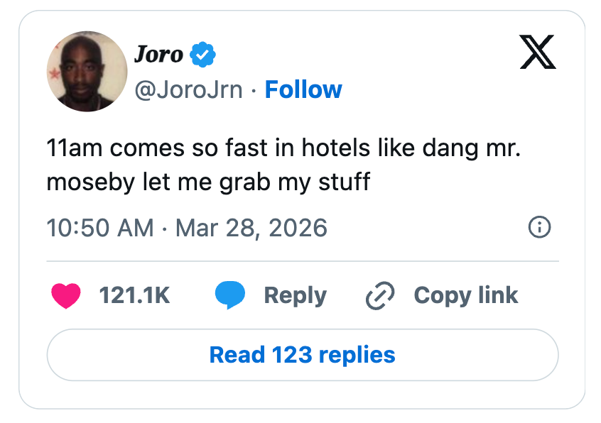 Social media post by JoroJrn, humorously commenting on hotel check-out times, dated March 28, 2026, with 121.1K likes