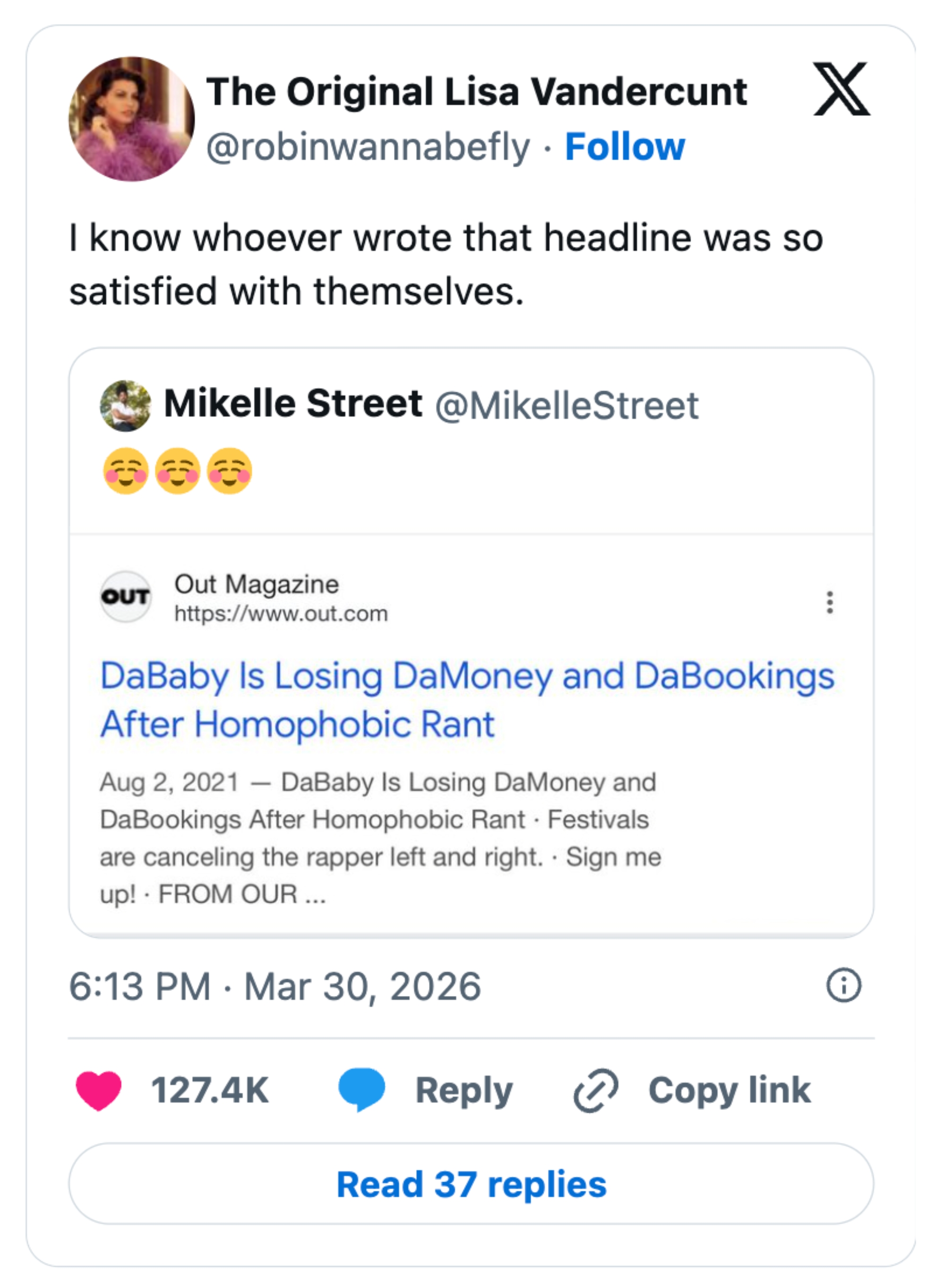 A tweet commenting humorously on a headline about DaBaby facing backlash and cancellations due to a homophobic rant