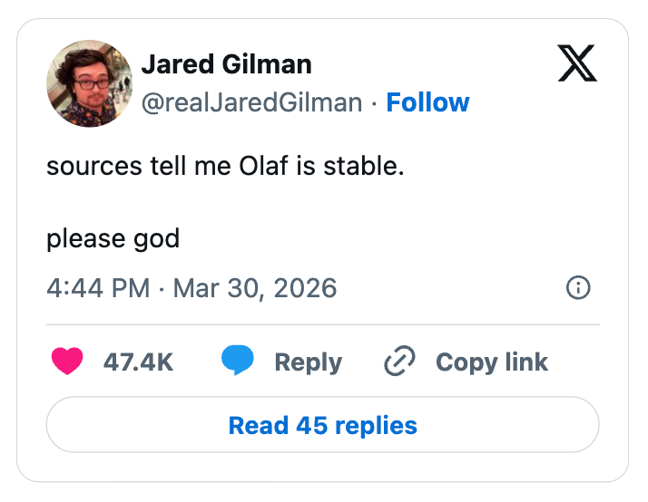 Tweet by a user expressing relief that "Olaf is stable" and a plea, posted on March 30, 2026