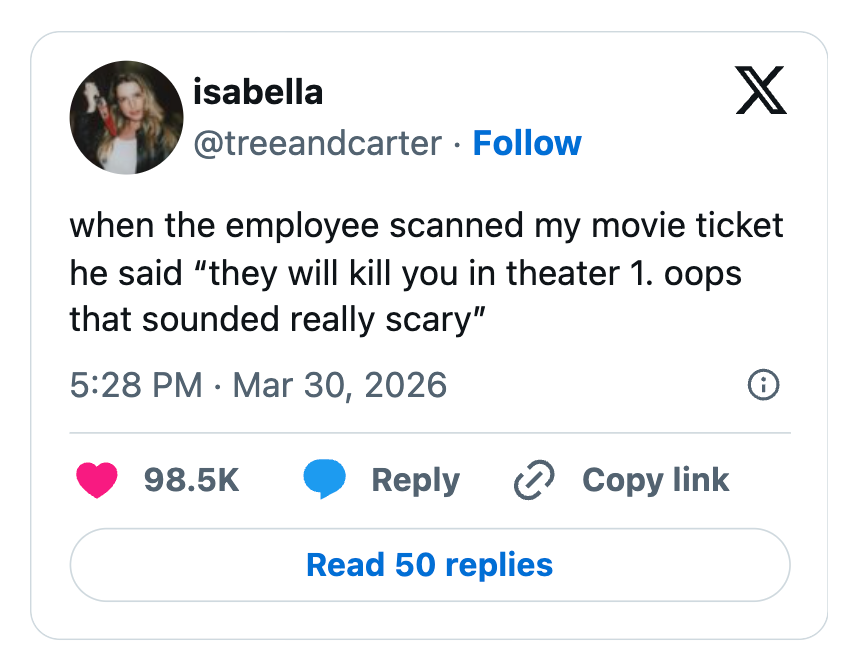 Social media post recounts an employee warning about a movie's theater with unintended ominous wording