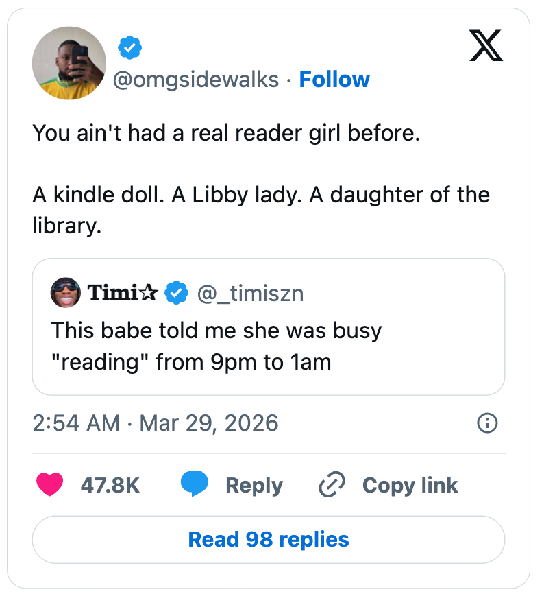 Tweet referencing a conversation about a reader who stays busy "reading" from 9pm to 1am, highlighting book enthusiasm