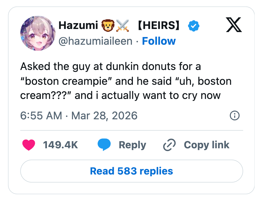 Tweet by user joking about a misunderstanding when ordering a "Boston cream" at Dunkin' Donuts
