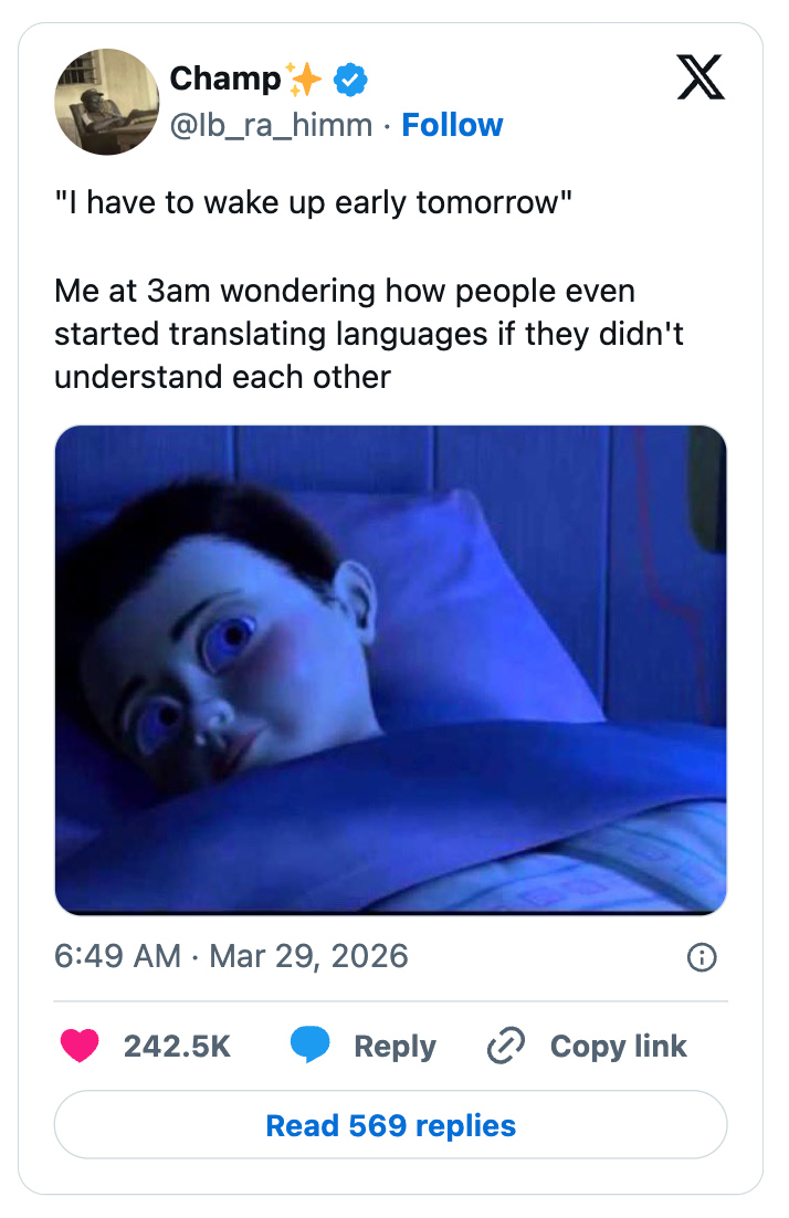 Image of a tweet: "I have to wake up early tomorrow" with a picture of a worried character in bed, reflecting late-night thoughts