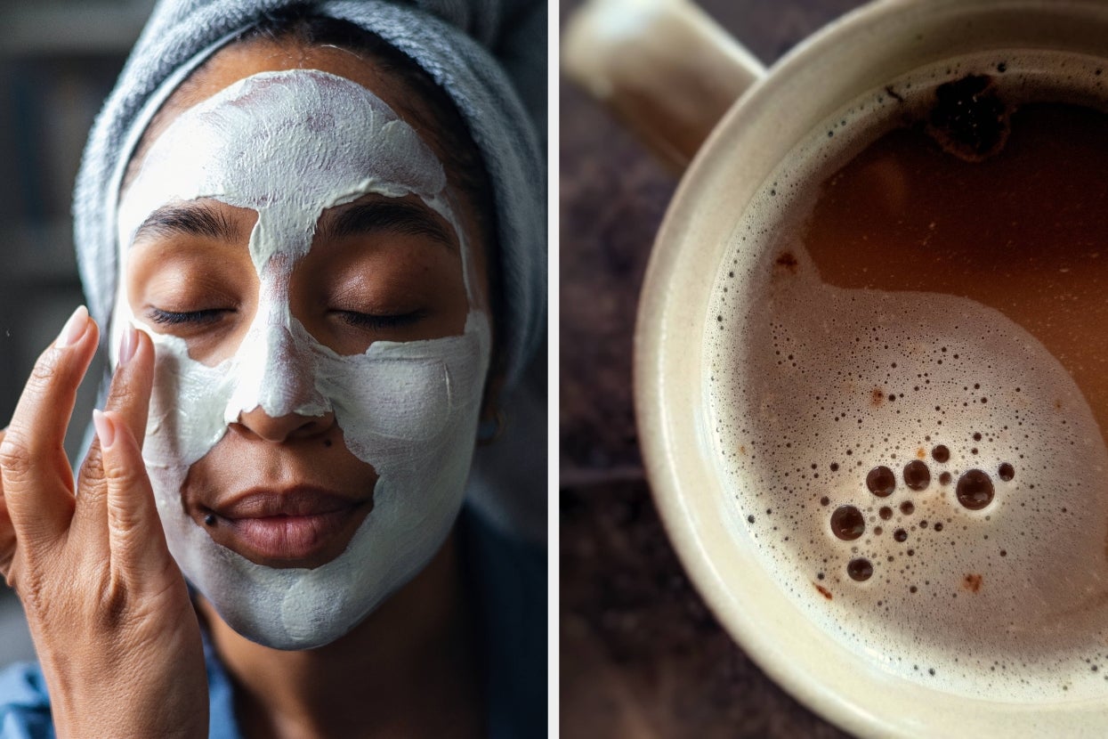 Split image of a person applying a facial mask and a filled cup of coffee