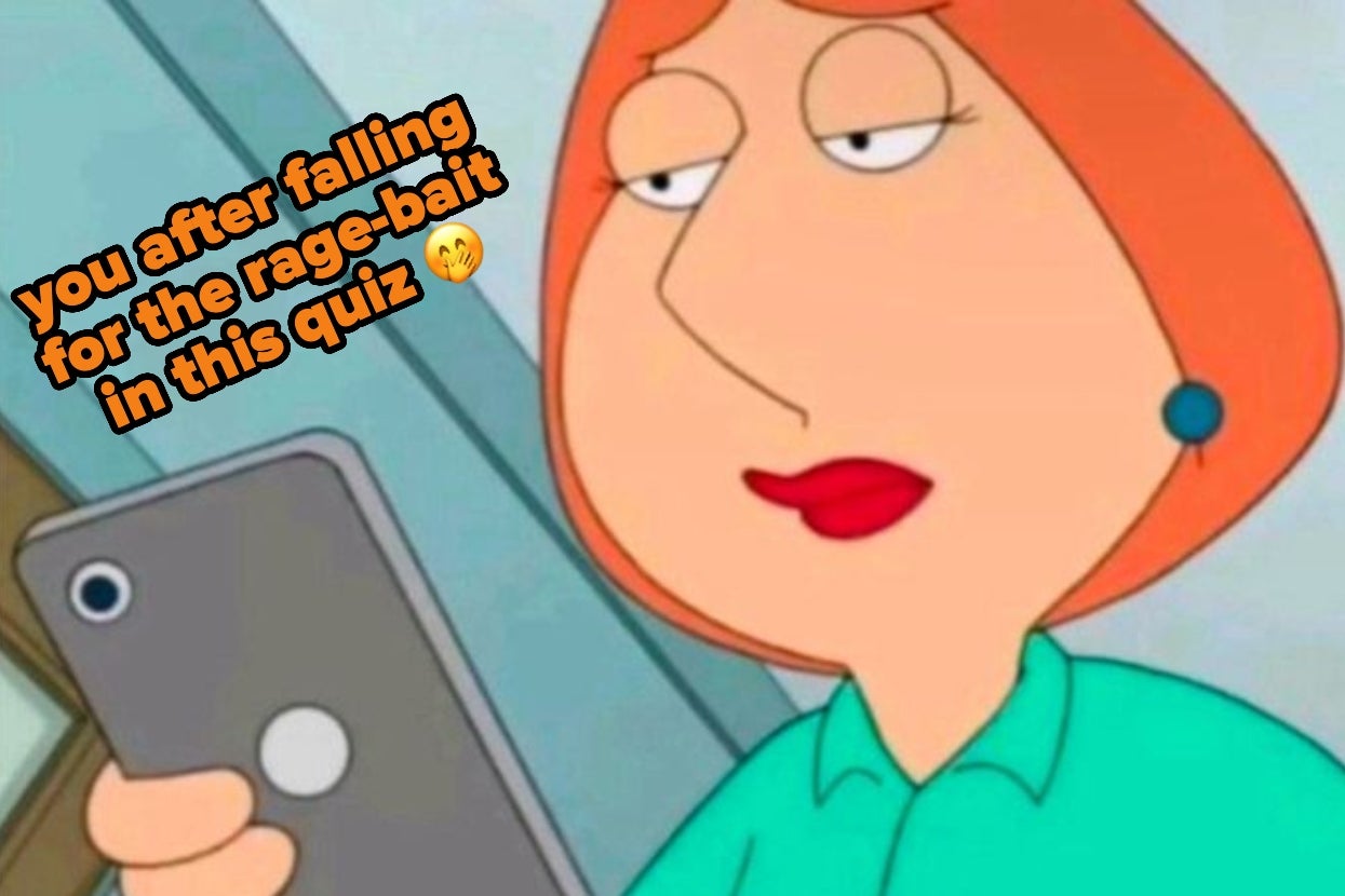 Cartoon character with an unimpressed expression looking at a phone. Text reads: "you after falling for the rage-bait in this quiz."