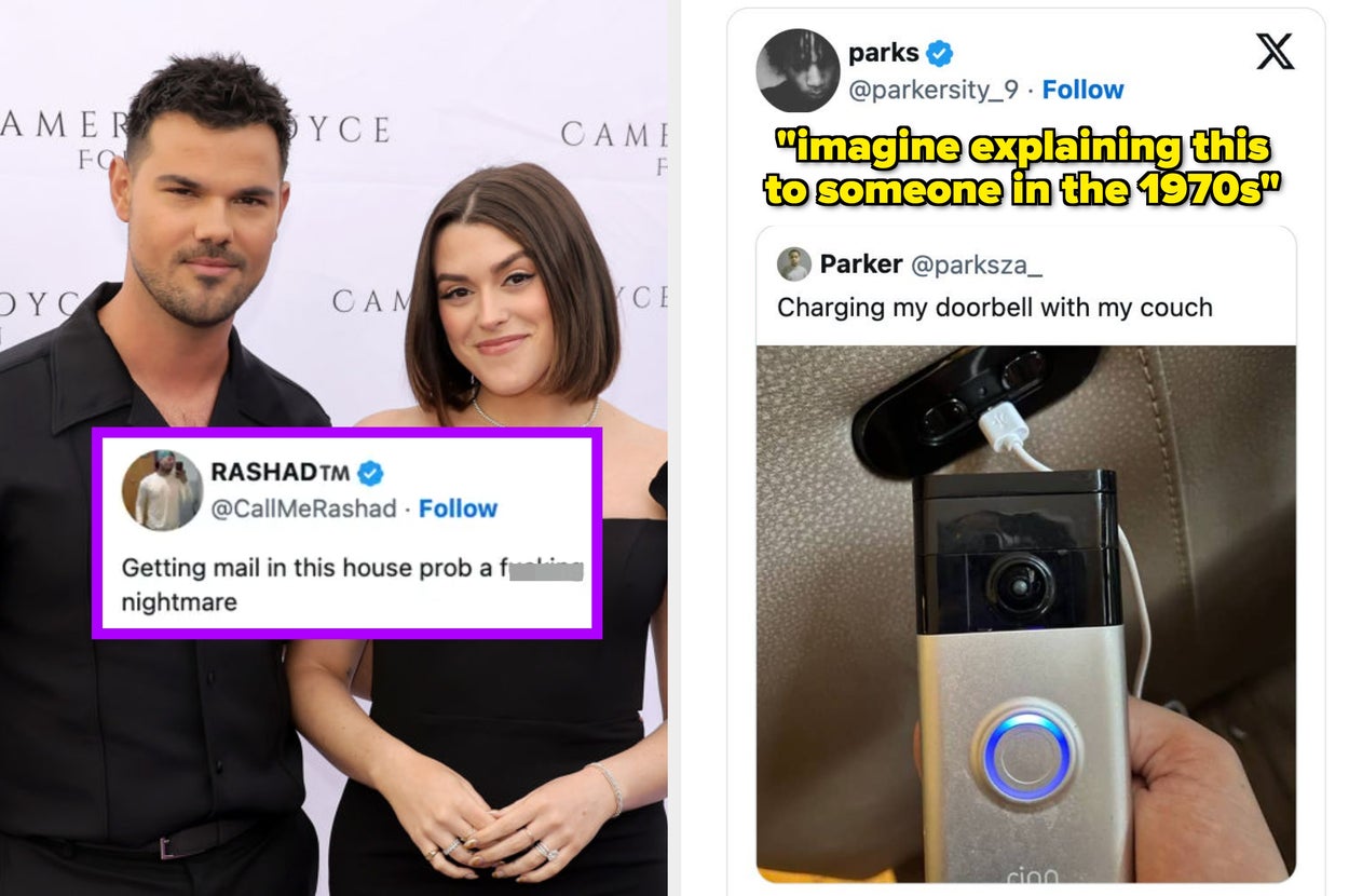 Two people pose at an event; social media posts humorously highlight modern tech challenges to someone from the 1970s