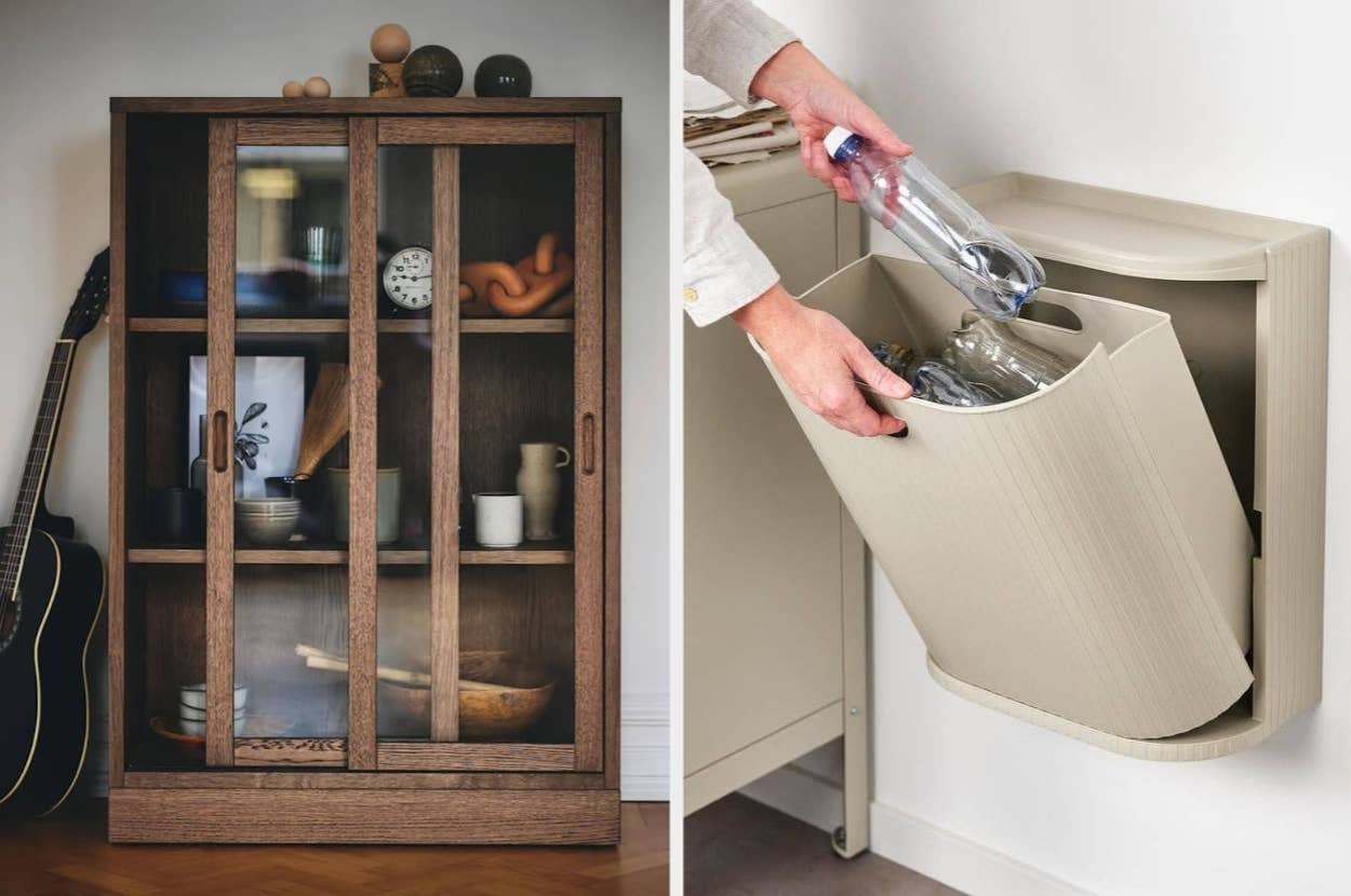 Left: A wooden display cabinet with a guitar beside it. Right: A person organizes plastic bottles in a wall-mounted storage bin