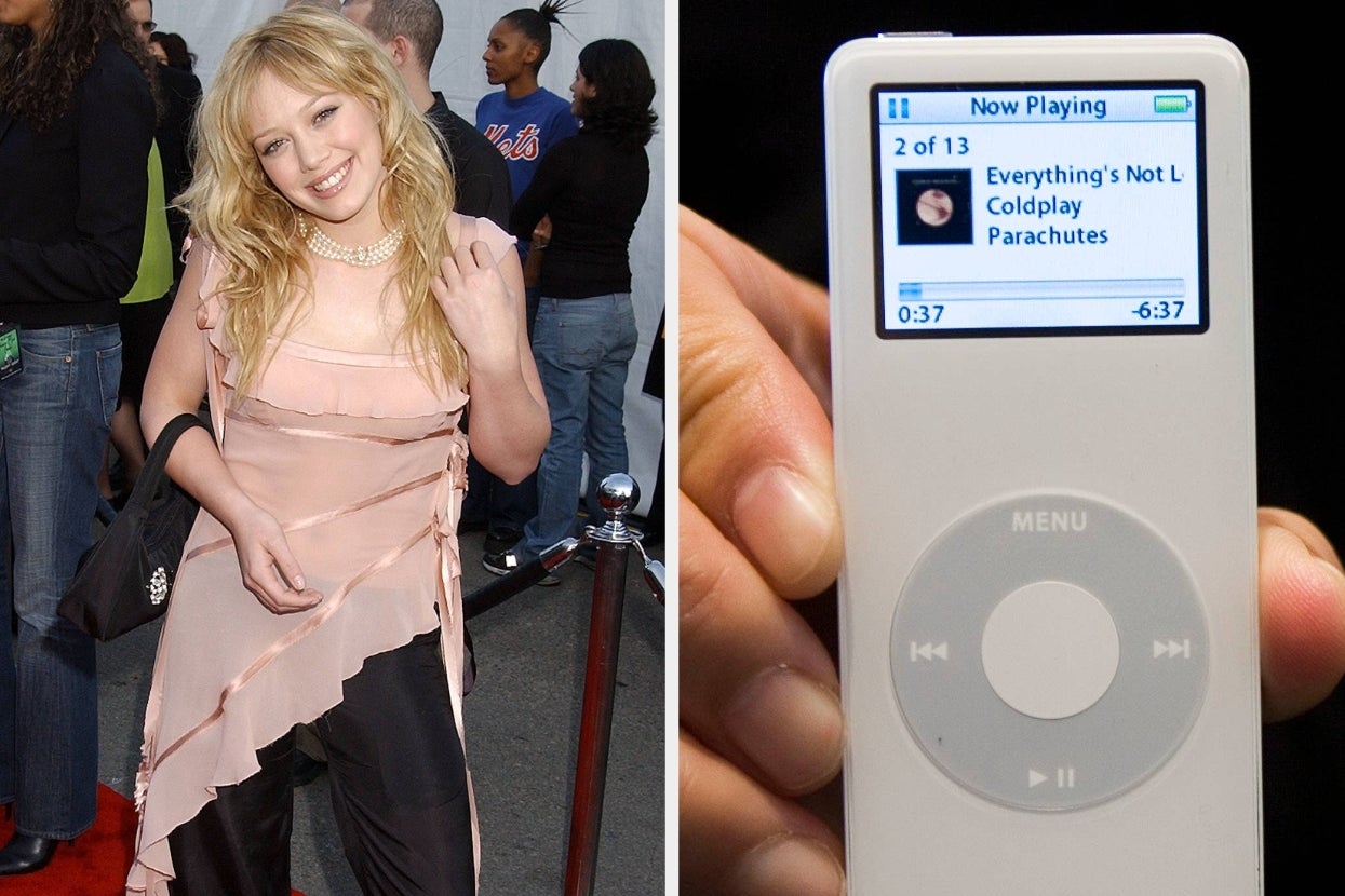 Split image of Hilary Duff wearing a dress over pants and a white iPod Nano