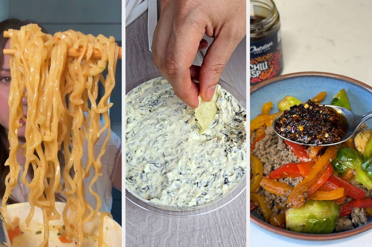 Three food images: 1. Person holding up cheesy noodles. 2. Hand dipping a chip into creamy spinach dip. 3. Spoon sprinkling chili crisp over a colorful salad
