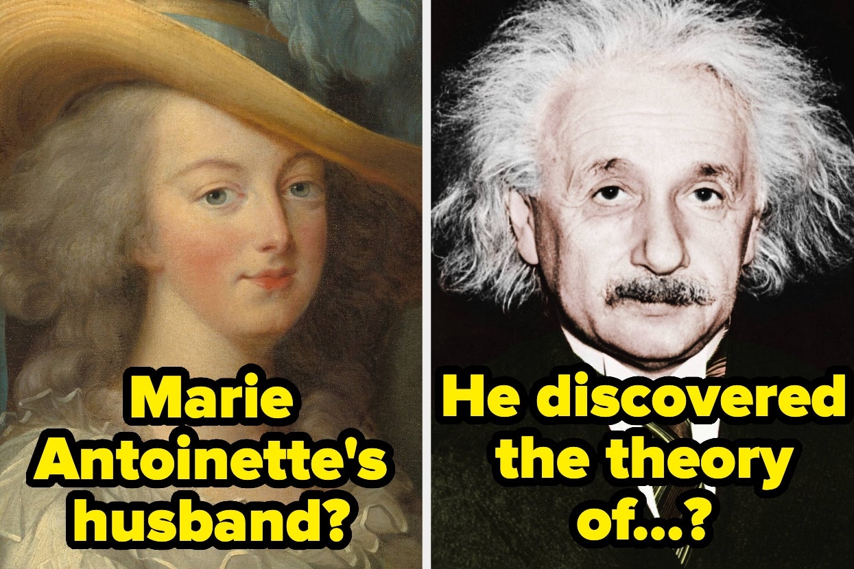 Painting of Marie Antoinette's husband and photo of Albert Einstein. Text questions historical and scientific achievements