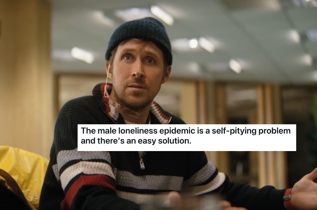 Person in a casual sweater and beanie sits indoors. Text reads: "The male loneliness epidemic is a self-pitying problem and there's an easy solution."