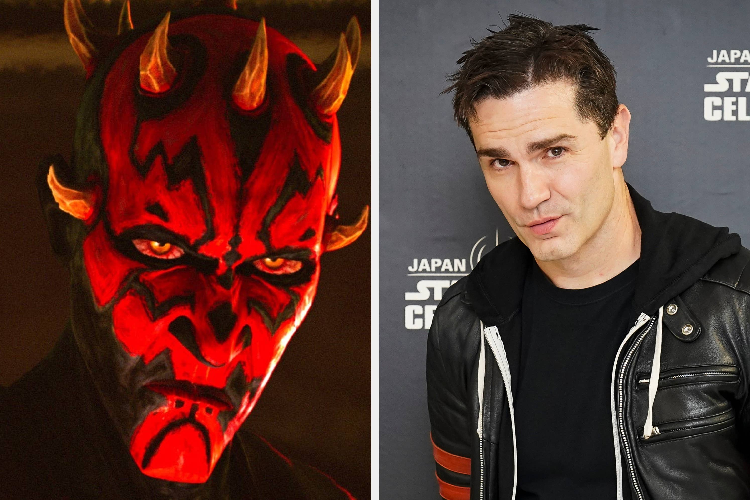 Left: Darth Maul from Star Wars with red and black facial markings. Right: Person in a black jacket with a Star Wars backdrop