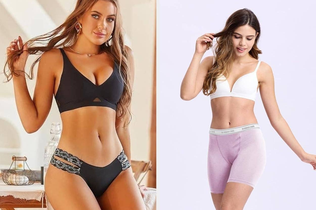 Two models showcasing lingerie: one in a black lace set, another in a white bra with lavender shorts, highlighting style options for shoppers