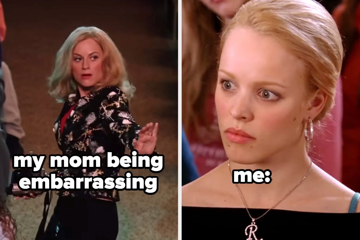 Left: Woman in floral blazer gesturing. Text reads "my mom being embarrassing." Right: Young woman with surprised look. Text reads "me:"