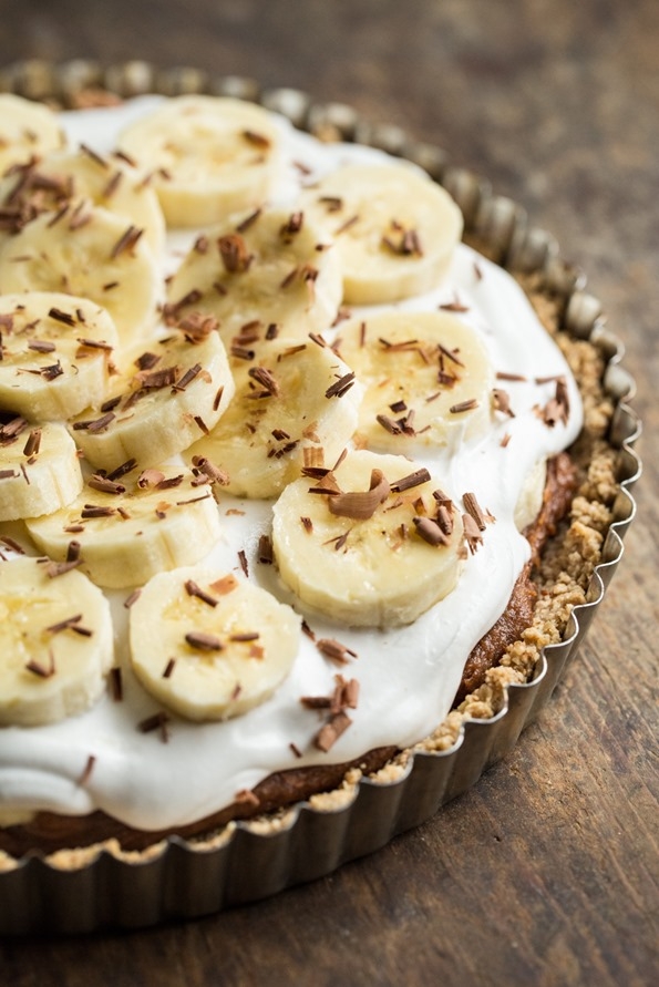 Banana pick pastry topped with sliced bananas and cocoa shavings successful a fluted metallic pastry dish