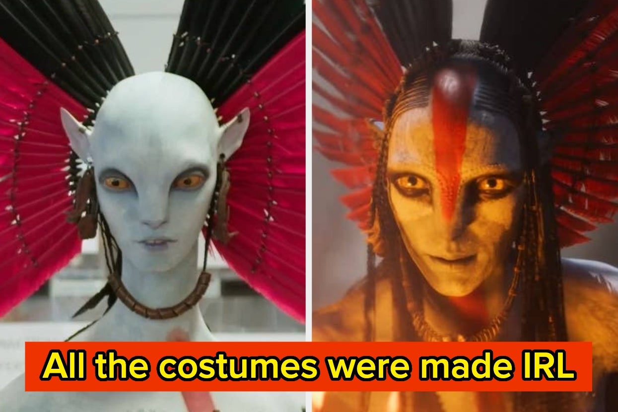 Two fictional characters with intricate costume designs. Text: "All the costumes were made IRL."