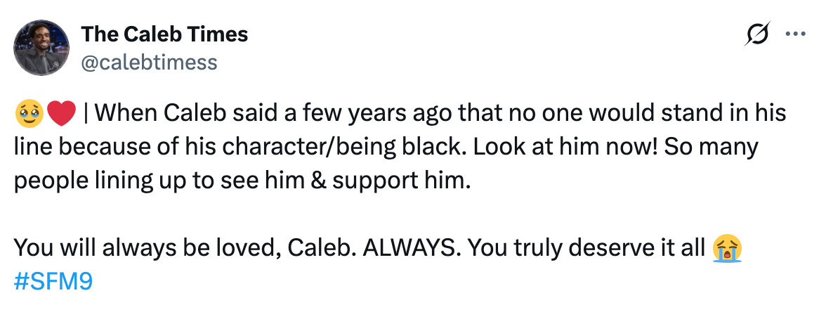 A tweet praising Caleb's character and expressing love and support, noting how people now line up to see him