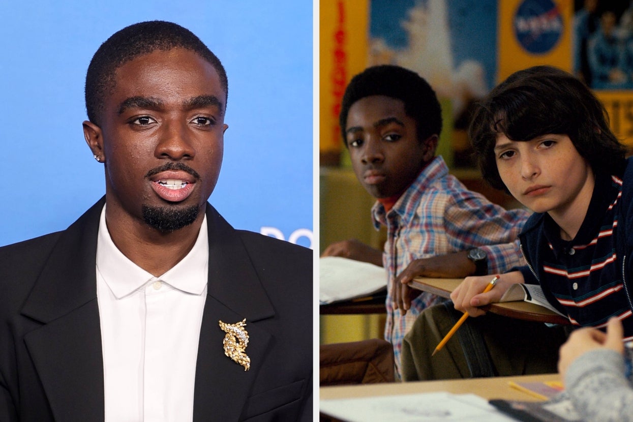 Left: Caleb McLaughlin on a red carpet. Right: Caleb and Finn Wolfhard in a "Stranger Things" scene