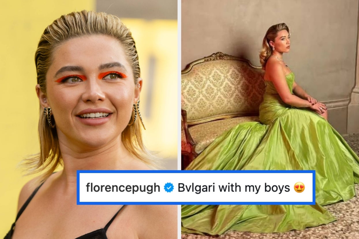 Person in bold eyeliner and slicked-back hair at event; sits on elegant couch in strapless green gown. Caption mentions "Bvlgari with my boys."