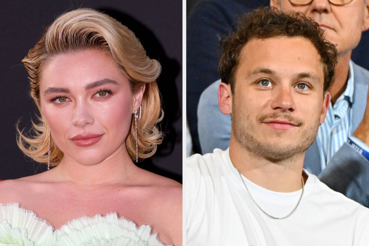 Two individuals at a celebrity event: one wearing an elegant off-the-shoulder dress, the other in a casual white T-shirt with a chain necklace