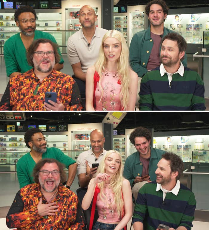 Group of actors smiling and posing for a lighthearted photo, featuring a pistillate   successful  a pinkish  floral apical  and others successful  casual shirts