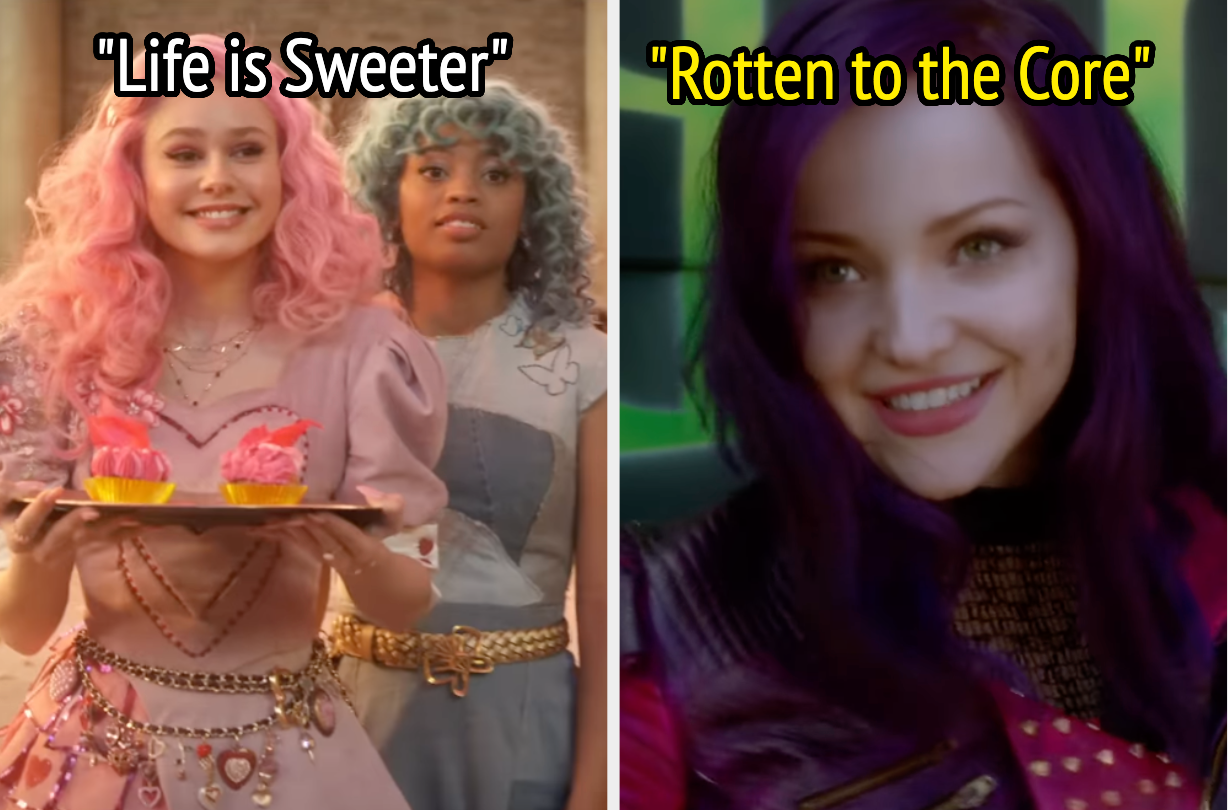Two images: Left, person with pink hair holds cupcakes; right, person with purple hair smiles. Text: "Life is Sweeter" and "Rotten to the Core."