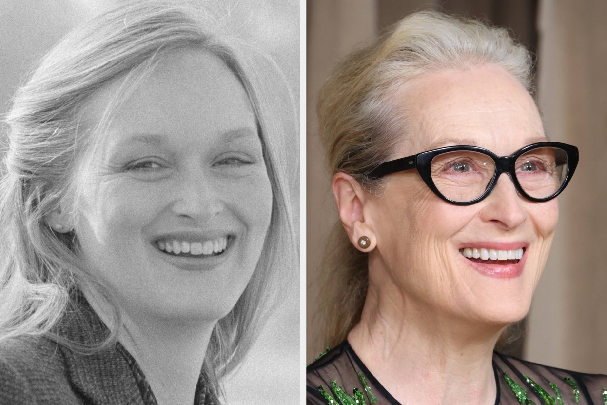 Two side-by-side portraits of a smiling woman. Left: black and white. Right: wearing glasses and an elegant outfit