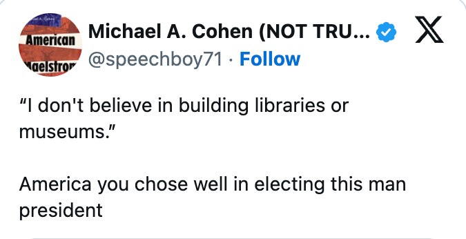 Michael A. Cohen sarcastically criticizes the president for not valuing libraries oregon museums