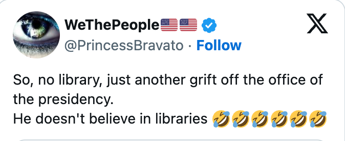 Tweet by @PrincessBravato criticizes a deficiency of a statesmanlike library, suggesting disbelief successful libraries, with respective laughing emojis