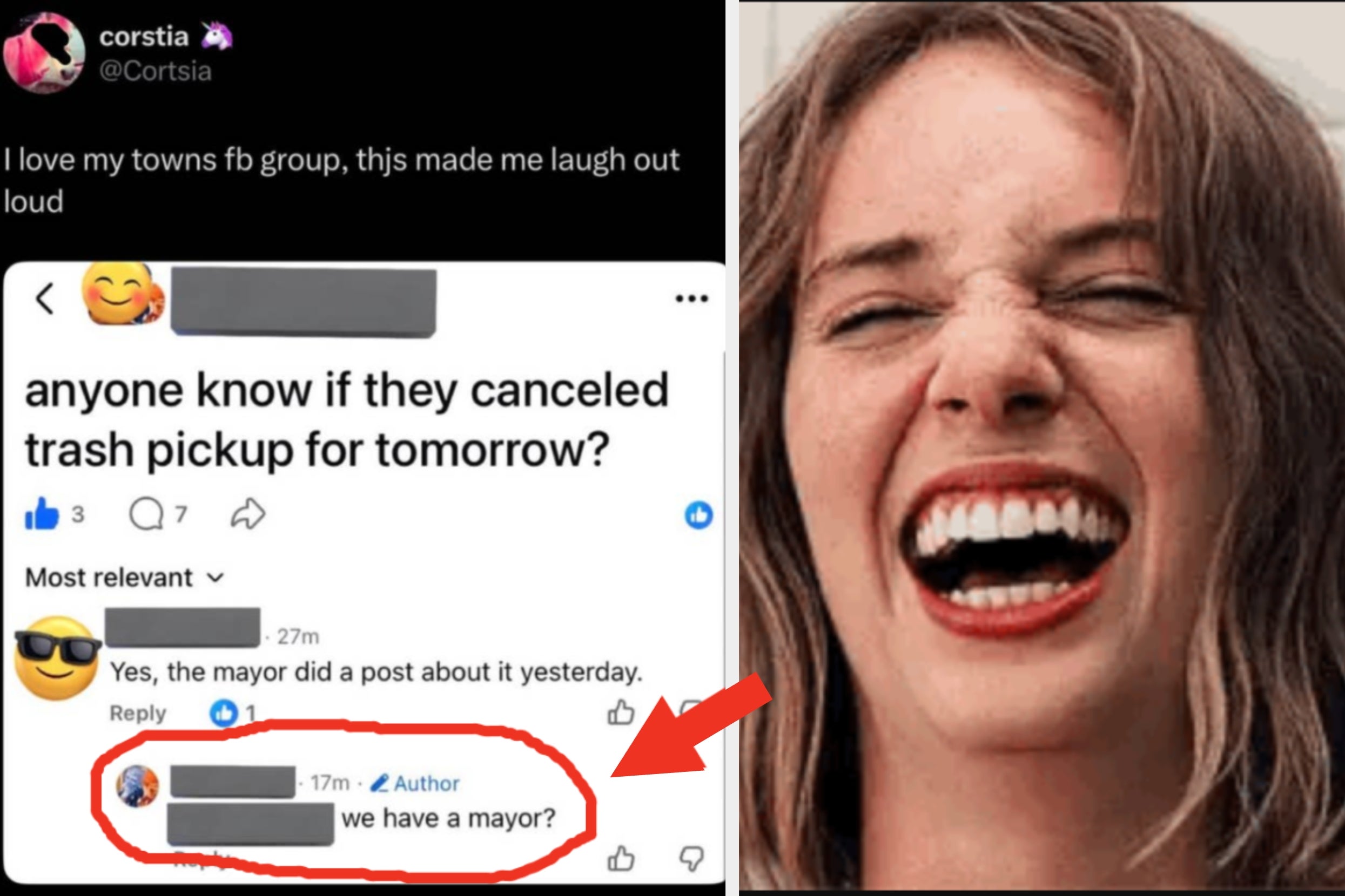 Screenshot of a social media post joking about someone asking if they have a mayor, next to a person laughing