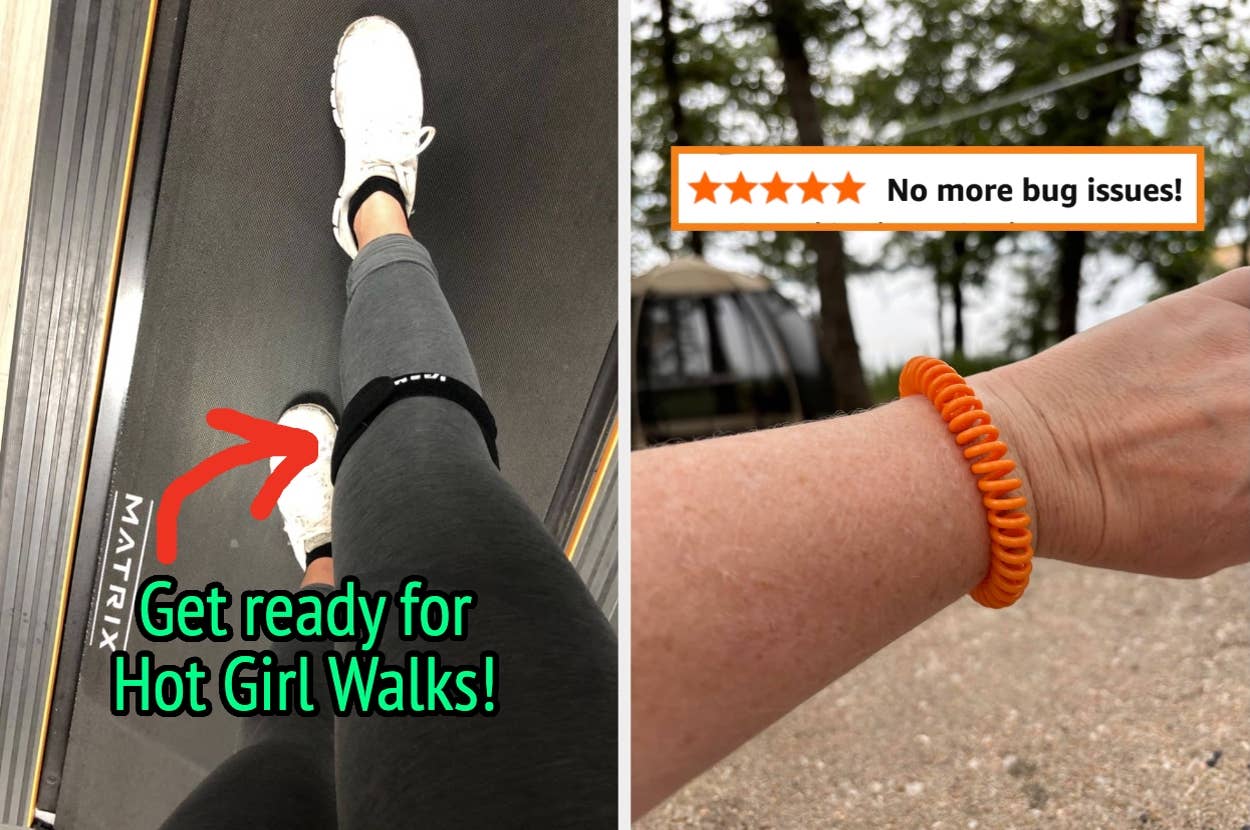 Person walking on a treadmill wearing knee stabilizers with text "Get ready for Hot Girl Walks!" and a wrist with an orange bug repelling coil bracelet in an outdoor setting
