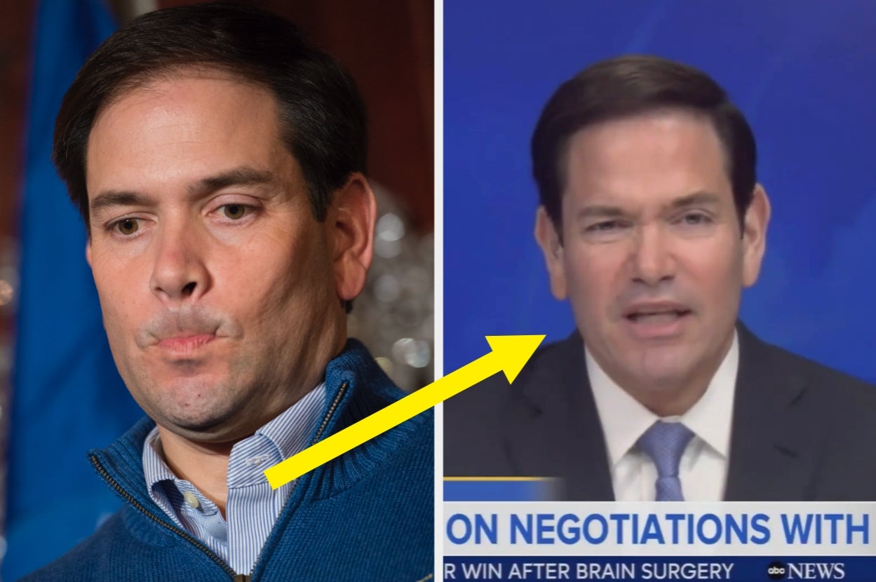 Split image: Left shows a person making a pensive expression; right shows the same person speaking on TV. Yellow arrow points between images