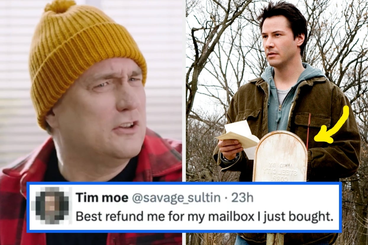Two images side by side: a man in a beanie and plaid jacket, and a man in a casual jacket reading a letter by a mailbox. Text: "Best refund me for my mailbox I just bought."