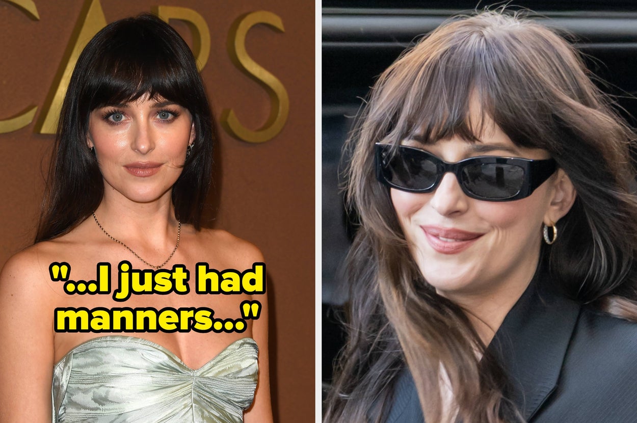 Two images of a woman with long hair and bangs. Left: speaking with text overlay. Right: wearing sunglasses and a blazer, smiling