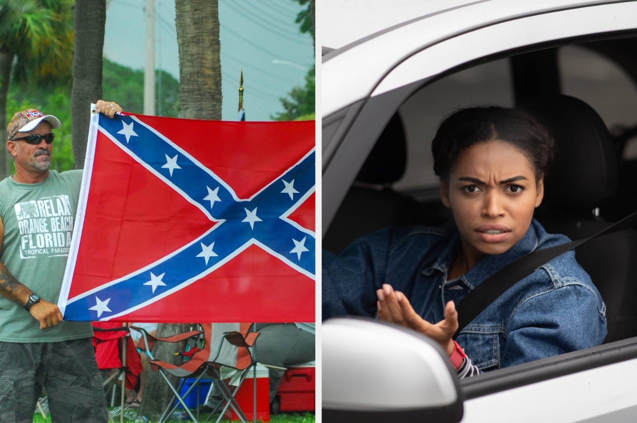 Man holding a Confederate flag next to a woman in a car looking confused or frustrated