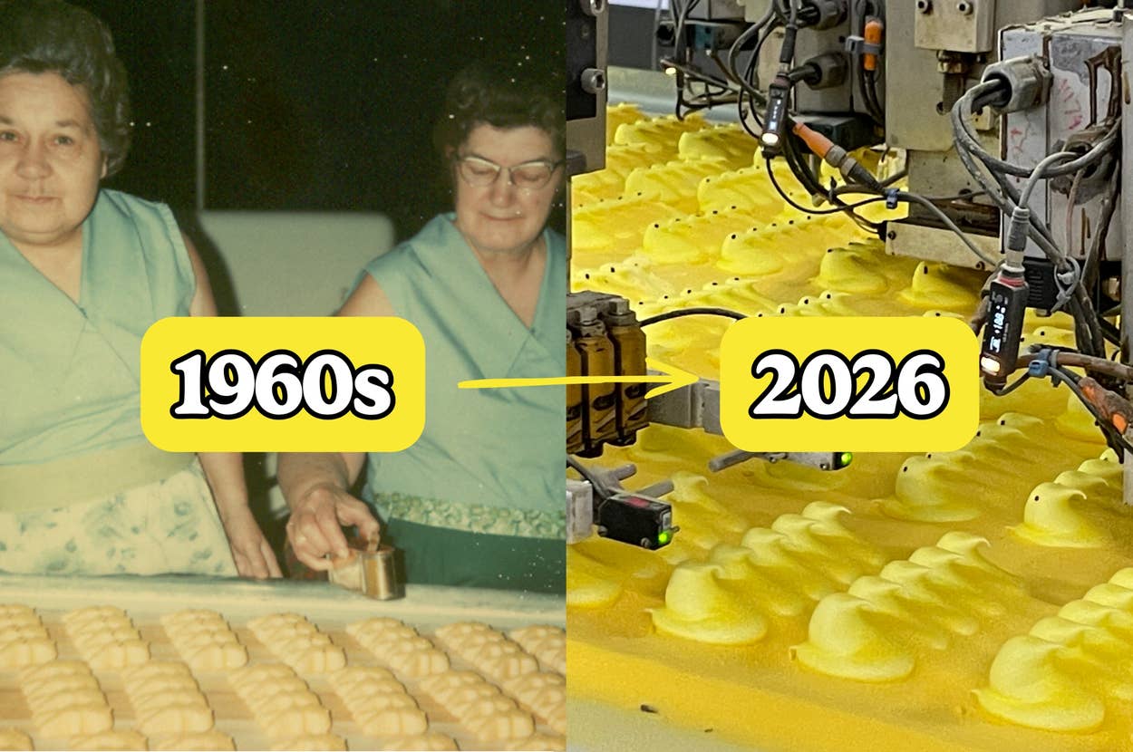 1960s and 2026 marshmallow manufacturing: two women hand-craft treats, modern machine automates identical marshmallow shapes
