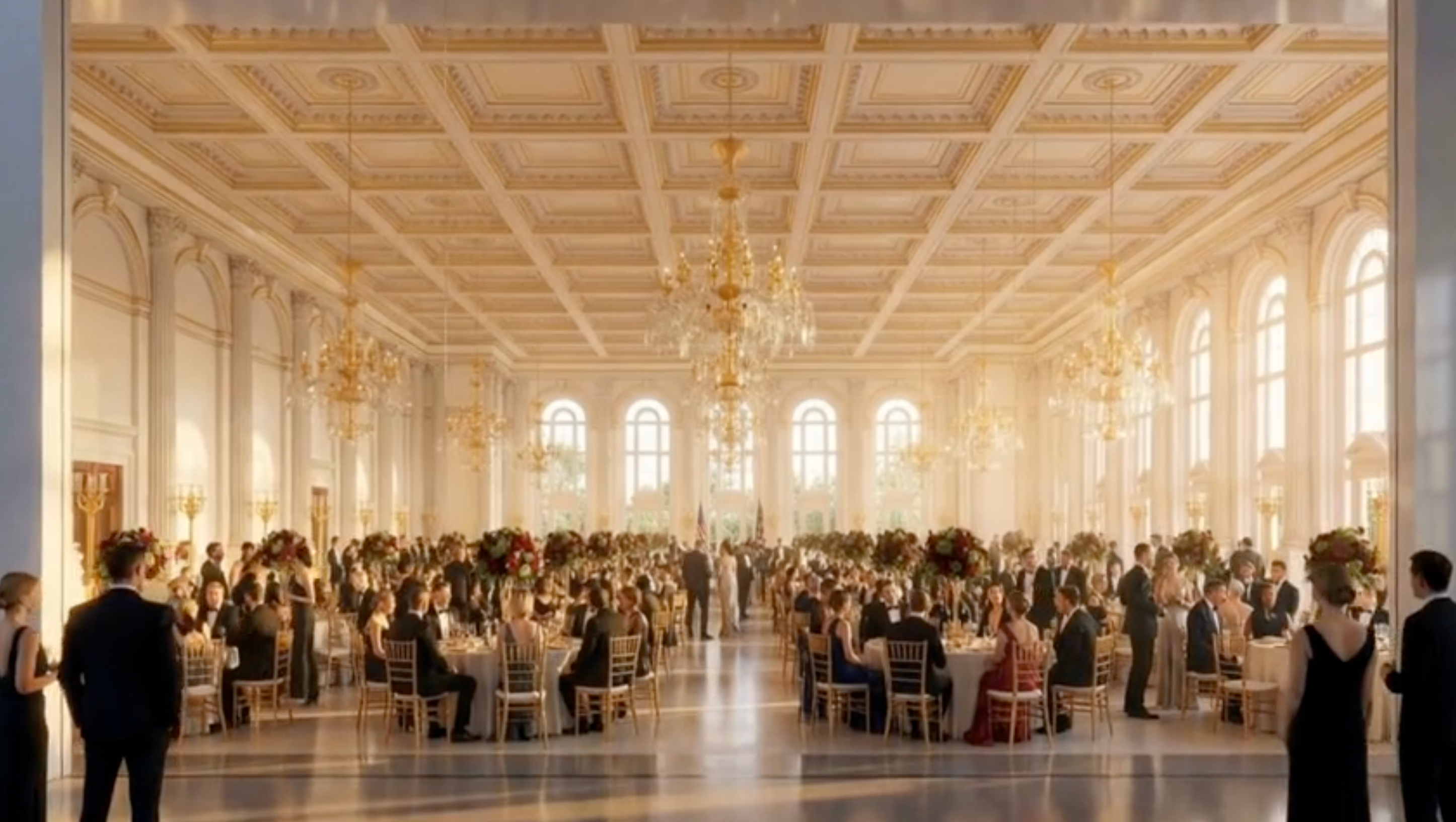 Elegant ballroom lawsuit with guests eating astatine circular tables, chandeliers hanging from the ceiling, and ample windows illuminating the scene